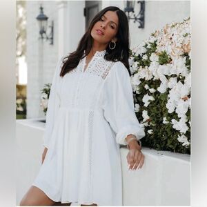White Boho Embroidered Eyelet Detail Babydoll Dress Medium